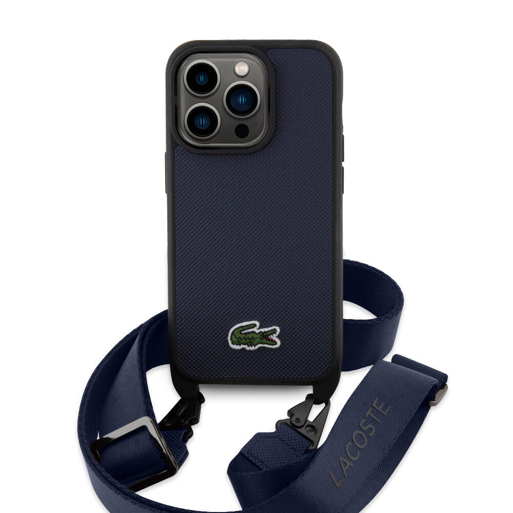 Lacoste iPhone 15 Pro Max Orjinal Lisanslı PU Pike Desenli Arka Yüzey Askılı İkonik Timsah Dokuma Logolu Telefon Kılıfı - 7