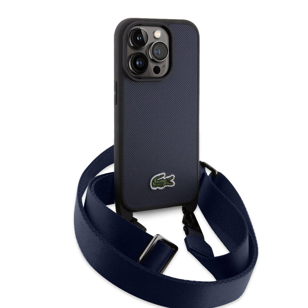 Lacoste iPhone 15 Pro Max Orjinal Lisanslı PU Pike Desenli Arka Yüzey Askılı İkonik Timsah Dokuma Logolu Telefon Kılıfı - 8