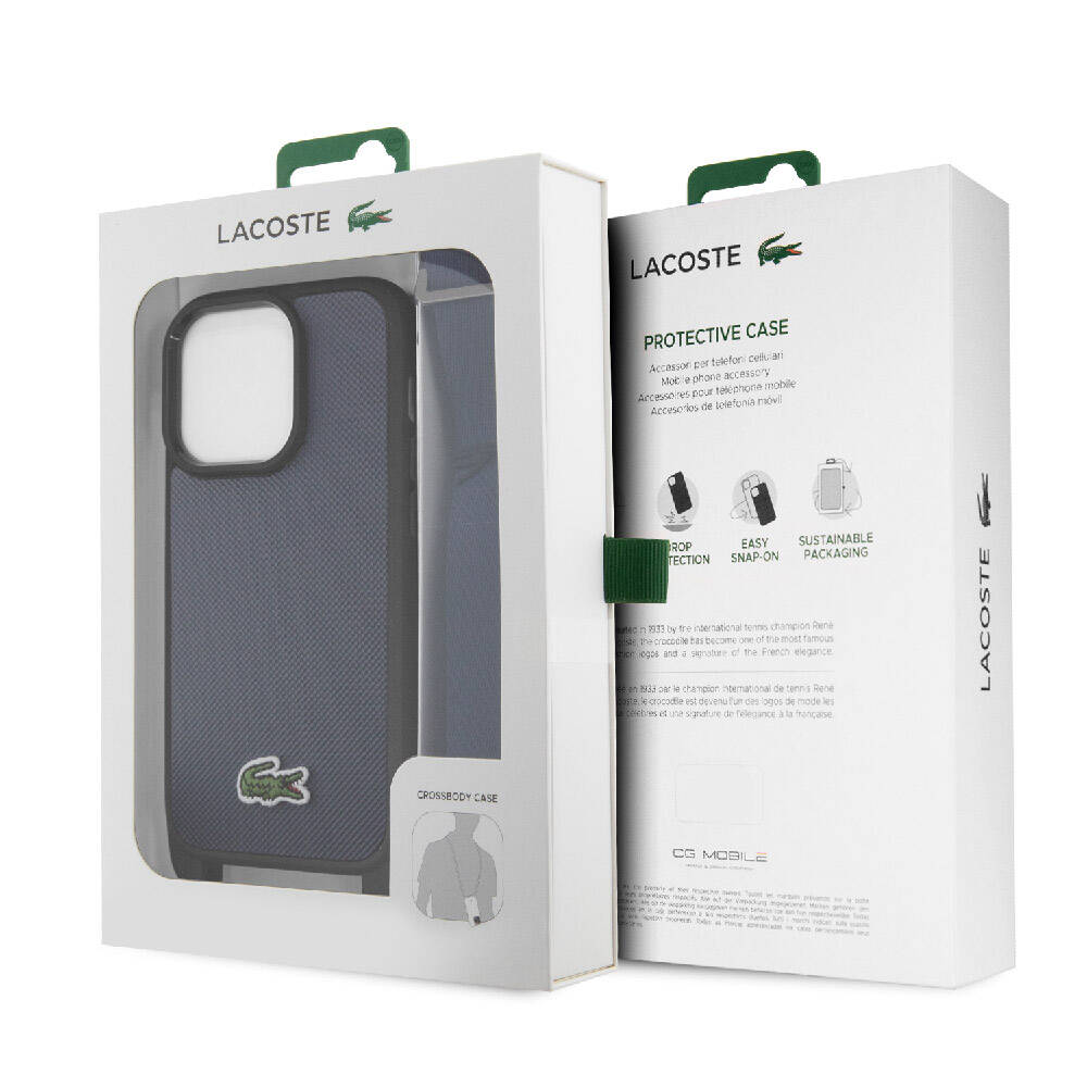 Lacoste iPhone 15 Pro Max Orjinal Lisanslı PU Pike Desenli Arka Yüzey Askılı İkonik Timsah Dokuma Logolu Telefon Kılıfı - 12