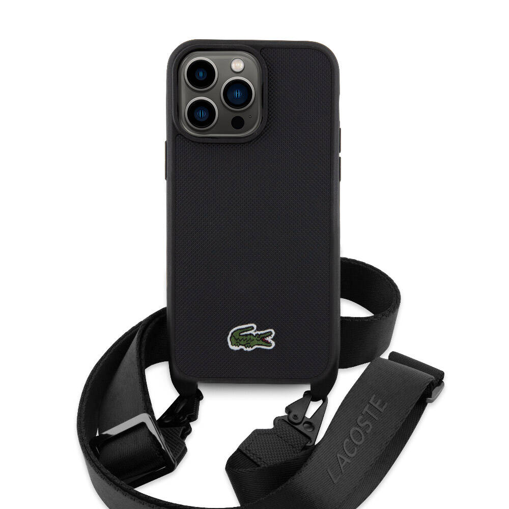 Lacoste iPhone 15 Pro Max Orjinal Lisanslı PU Pike Desenli Arka Yüzey Askılı İkonik Timsah Dokuma Logolu Telefon Kılıfı - 13