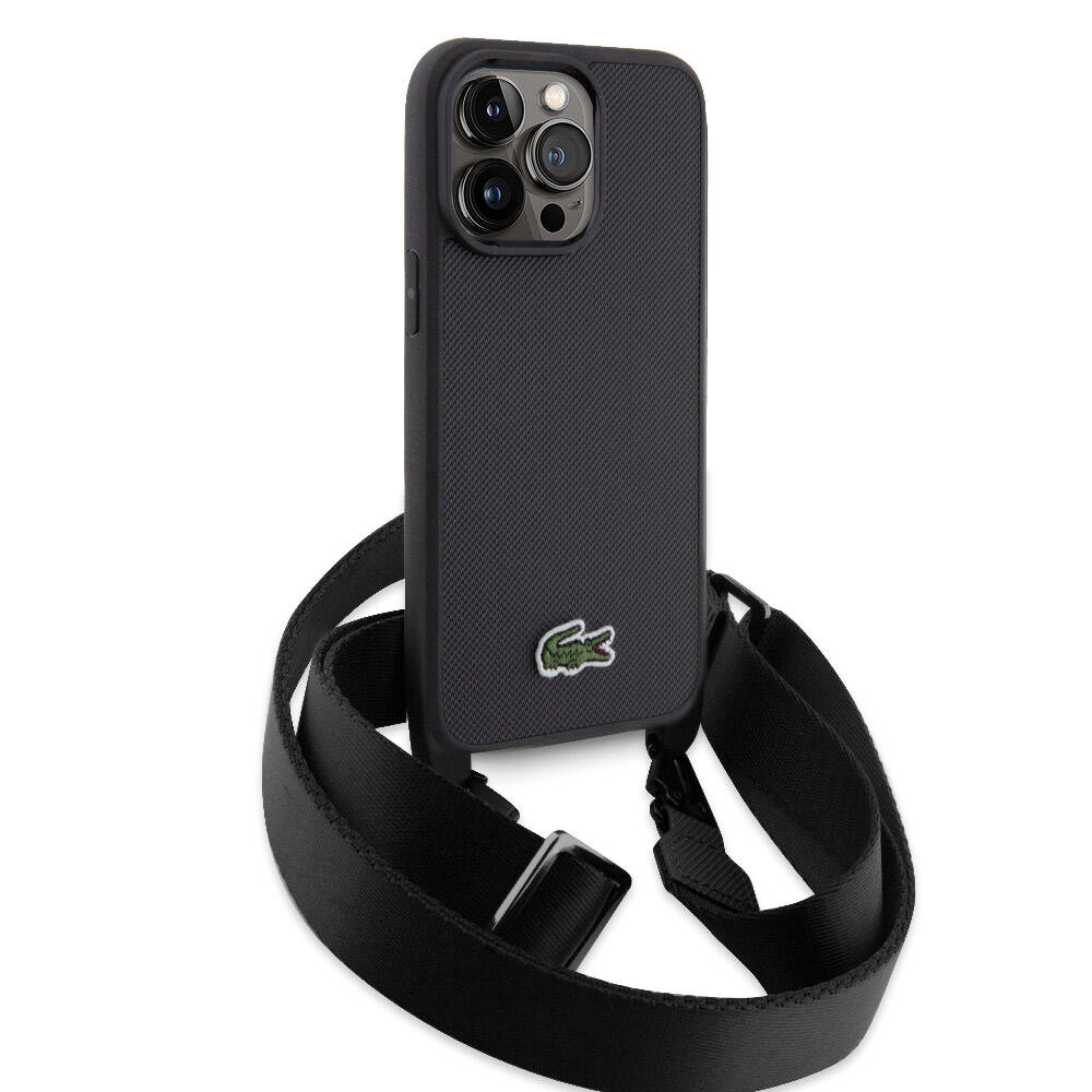 Lacoste iPhone 15 Pro Max Orjinal Lisanslı PU Pike Desenli Arka Yüzey Askılı İkonik Timsah Dokuma Logolu Telefon Kılıfı - 14