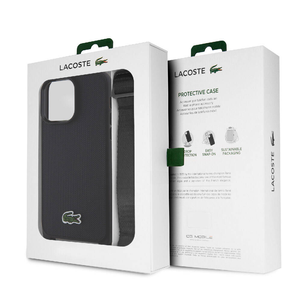 Lacoste iPhone 15 Pro Max Orjinal Lisanslı PU Pike Desenli Arka Yüzey Askılı İkonik Timsah Dokuma Logolu Telefon Kılıfı - 18