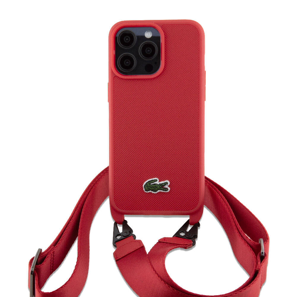 Lacoste iPhone 15 Pro Max Orjinal Lisanslı PU Pike Desenli Arka Yüzey Askılı İkonik Timsah Dokuma Logolu Telefon Kılıfı - 19