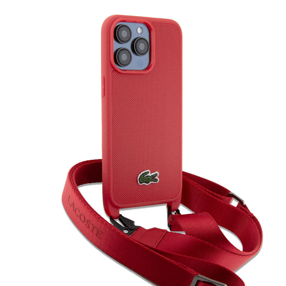 Lacoste iPhone 15 Pro Max Orjinal Lisanslı PU Pike Desenli Arka Yüzey Askılı İkonik Timsah Dokuma Logolu Telefon Kılıfı - 20