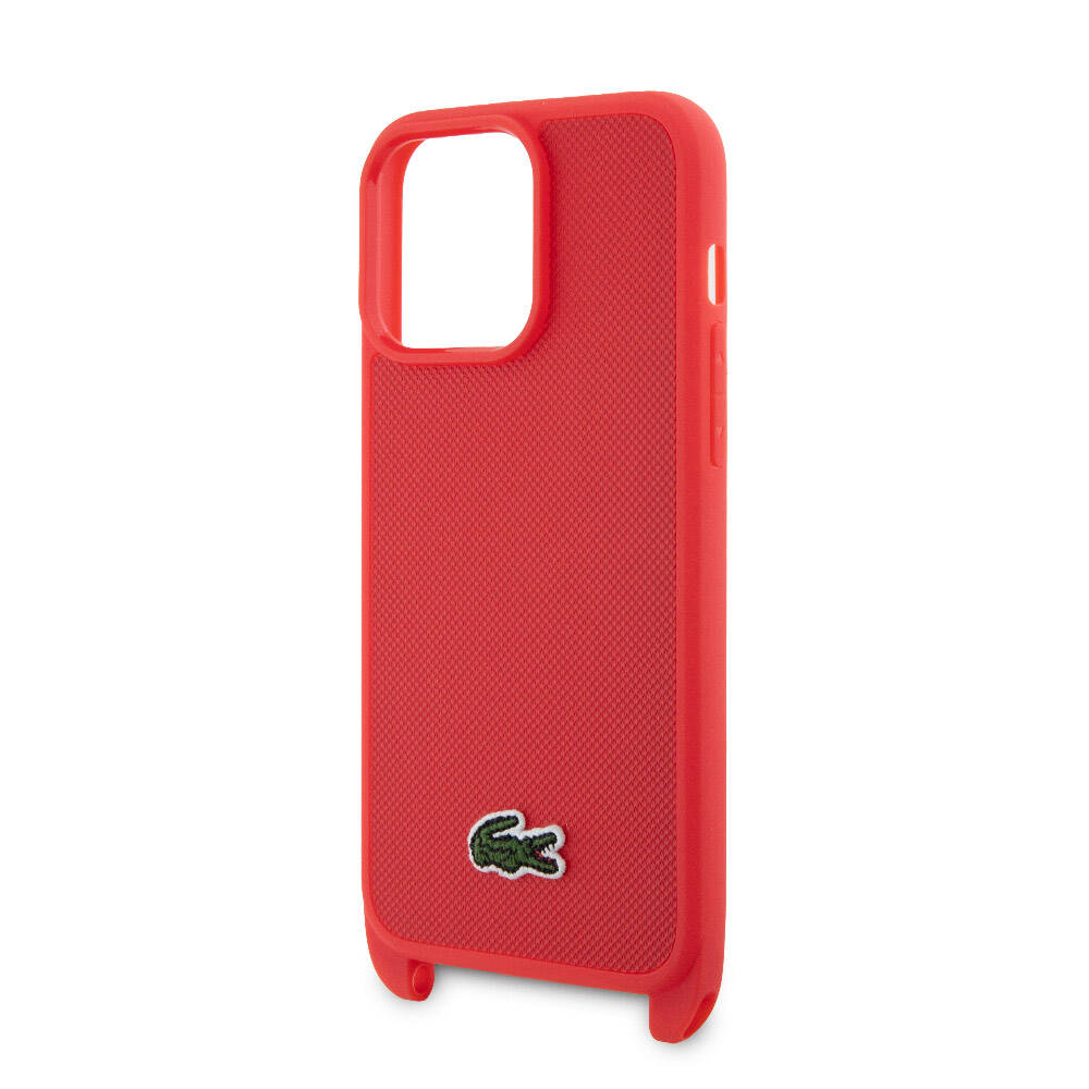 Lacoste iPhone 15 Pro Max Orjinal Lisanslı PU Pike Desenli Arka Yüzey Askılı İkonik Timsah Dokuma Logolu Telefon Kılıfı - 22