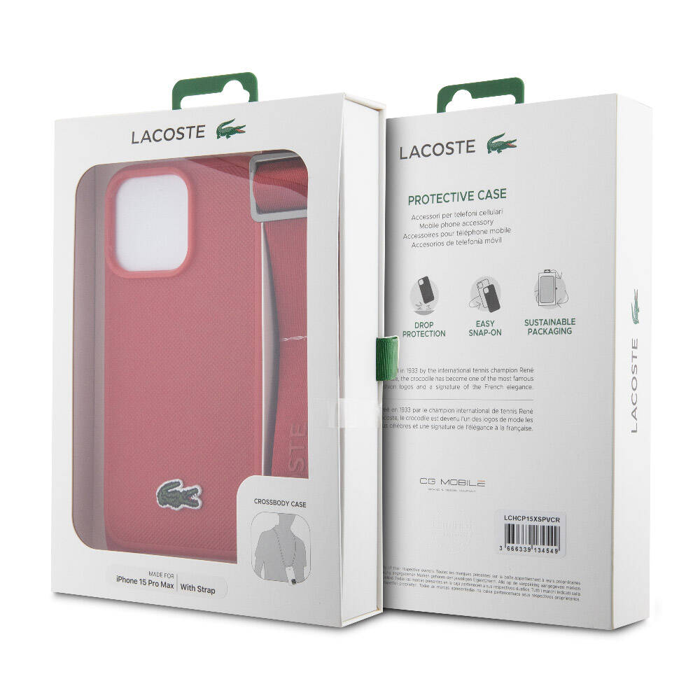Lacoste iPhone 15 Pro Max Orjinal Lisanslı PU Pike Desenli Arka Yüzey Askılı İkonik Timsah Dokuma Logolu Telefon Kılıfı - 24