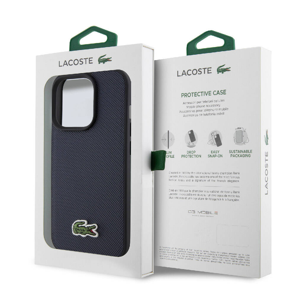 Lacoste iPhone 15 Pro Max Orjinal Lisanslı PU Pike Desenli Arka Yüzey İkonik Timsah Dokuma Logolu Kılıf