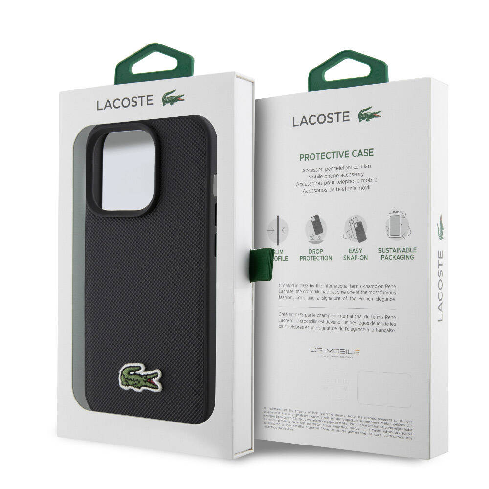 Lacoste iPhone 15 Pro Max Orjinal Lisanslı PU Pike Desenli Arka Yüzey İkonik Timsah Dokuma Logolu Kılıf