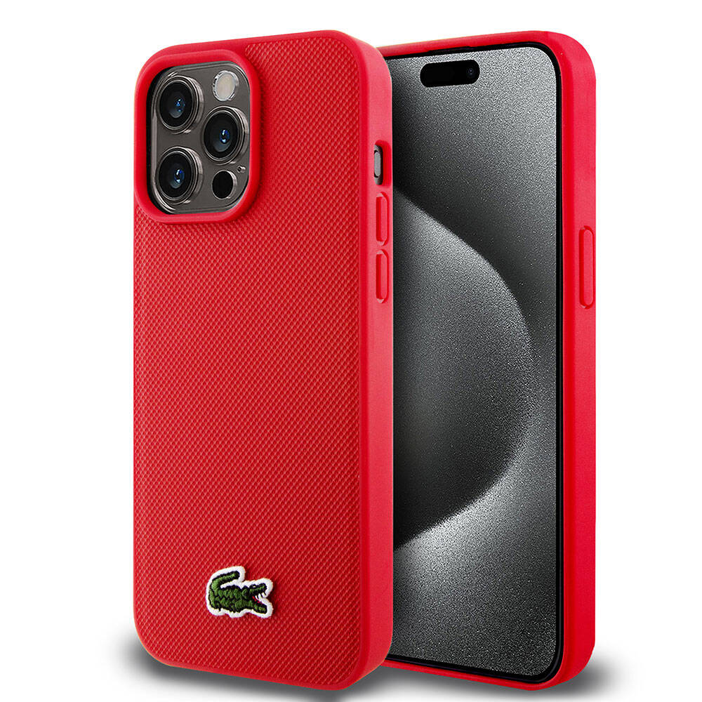 Lacoste iPhone 15 Pro Max Orjinal Lisanslı PU Pike Desenli Arka Yüzey İkonik Timsah Dokuma Logolu Kılıf