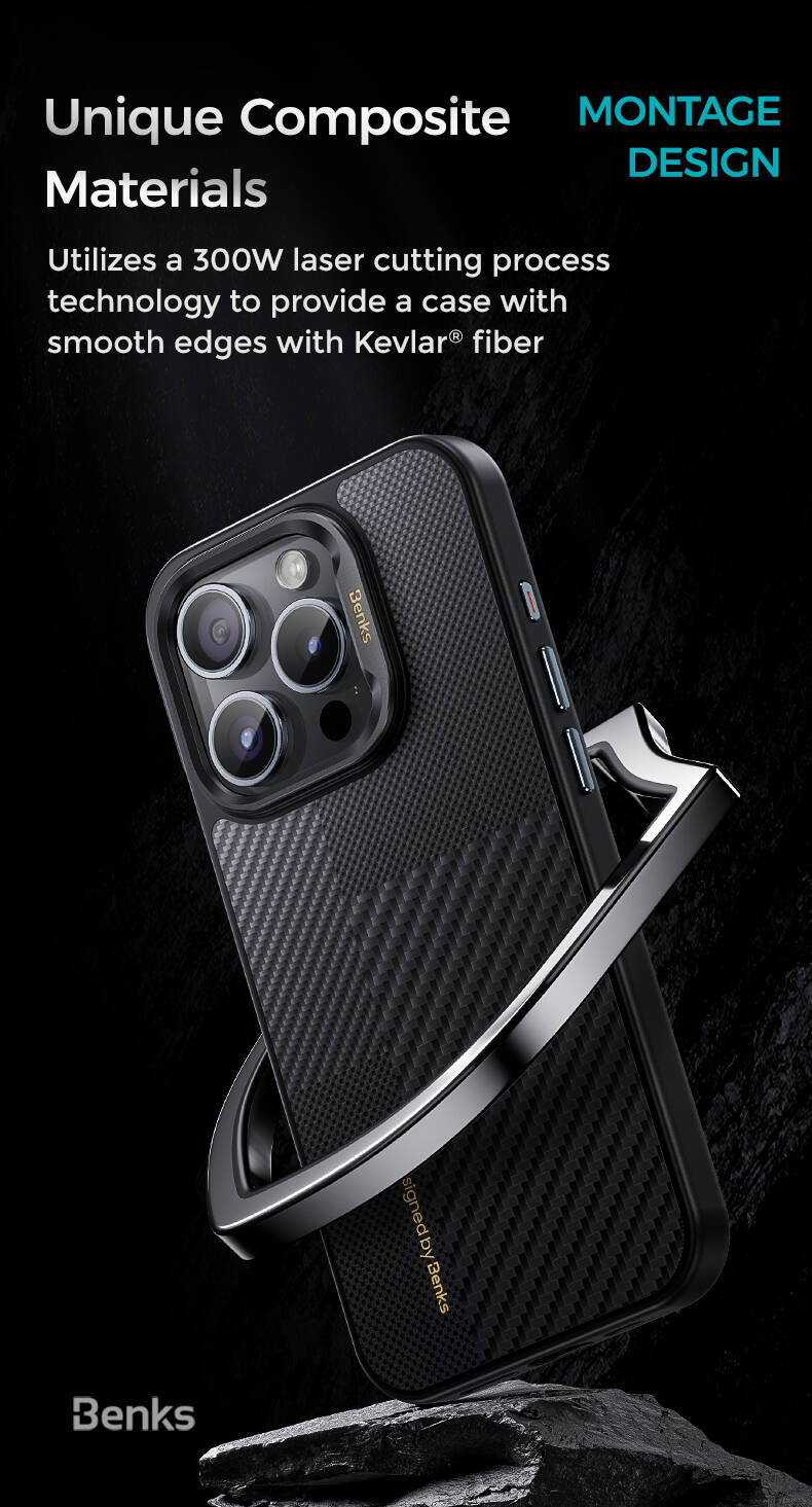 Benks Montage Hybrid ArmorPro iPhone 15 Pro Max M-safe Karbon Fiber Kevlar Kılıf