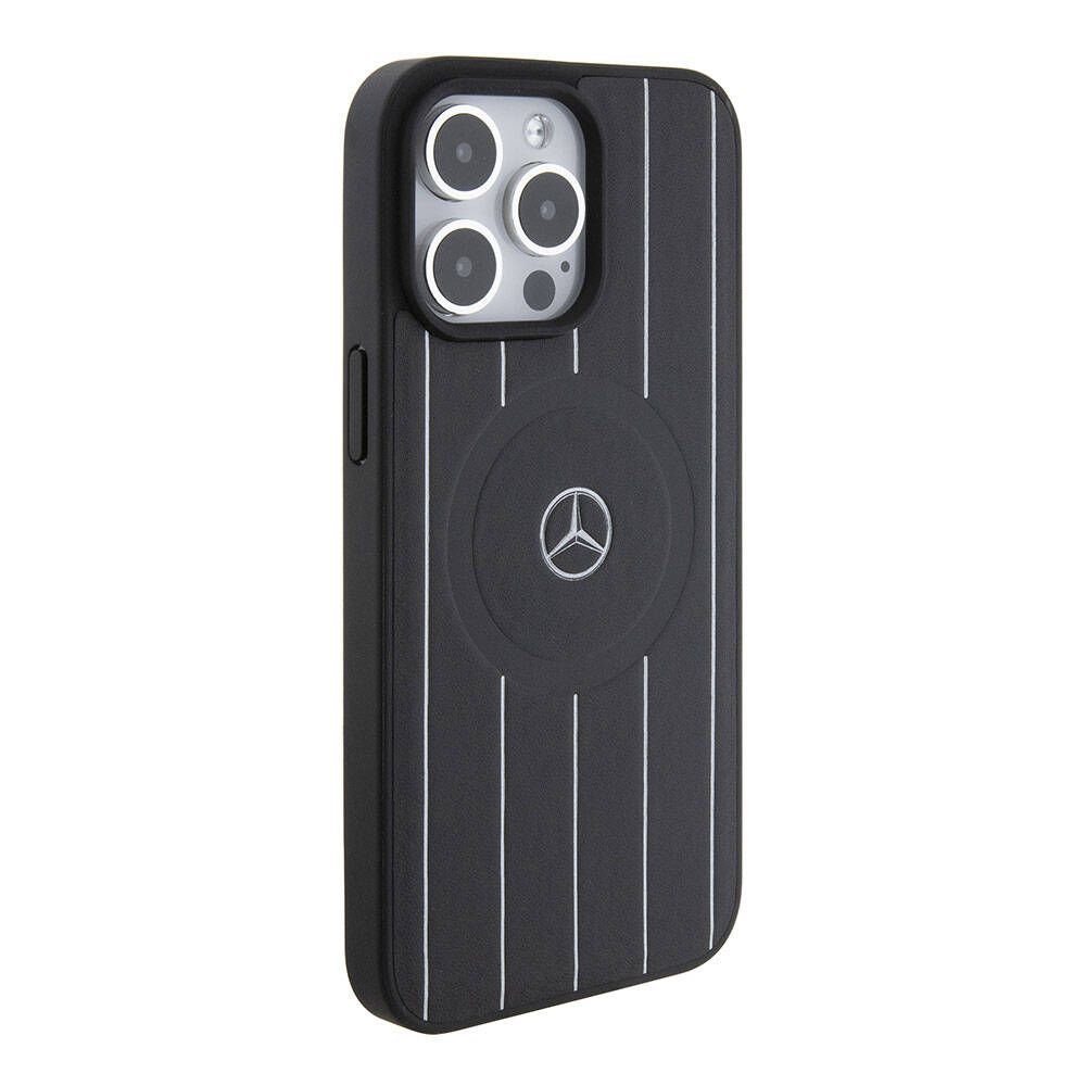 Mercedes Benz iPhone 15 Pro Max Orjinal Lisanslı M-safe Şarj Özellikli Baskı Logolu Paralel Çizgi Desenli Deri Kılıf