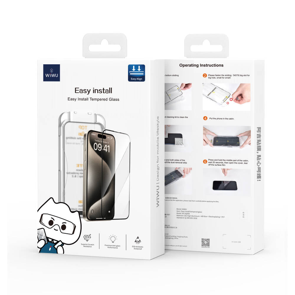 Wiwu SQ-008 iPhone 15 Pro Oleofobik Easy Install Darbeye Karşı Dayanıklı Temperli Cam Ekran Koruyucu + Kolay Uygulama Aparatlı