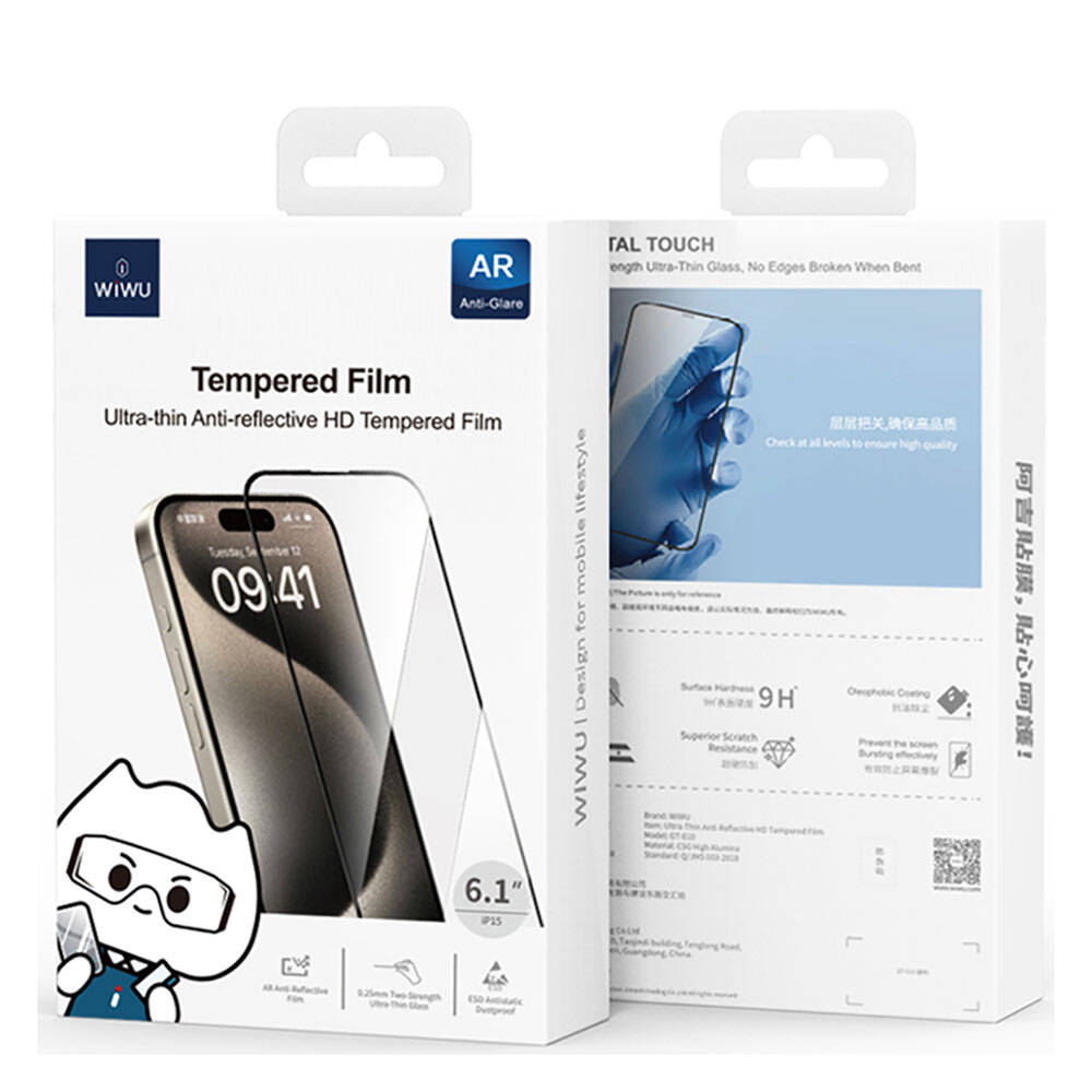 Wiwu GT-010 iPhone 15 Anti-Reflective Polimer Oleofobik Kaplama Ultra İnce Temperli Cam Ekran Koruyucu
