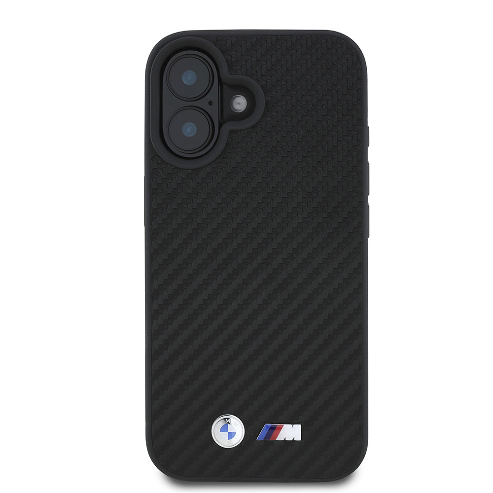 BMWiPhone 16 Orjinal Lisanslı Karbon Fiber Tasarımlı ve Metal Logolu PU Deri Telefon Kılıfı