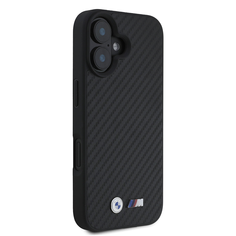 BMWiPhone 16 Orjinal Lisanslı Karbon Fiber Tasarımlı ve Metal Logolu PU Deri Telefon Kılıfı