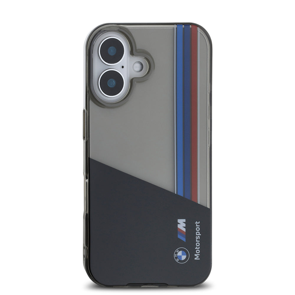 BMW iPhone 16 Orjinal Lisanslı Yarı Transparan M Dizayn Çizgili Telefon Kılıfı