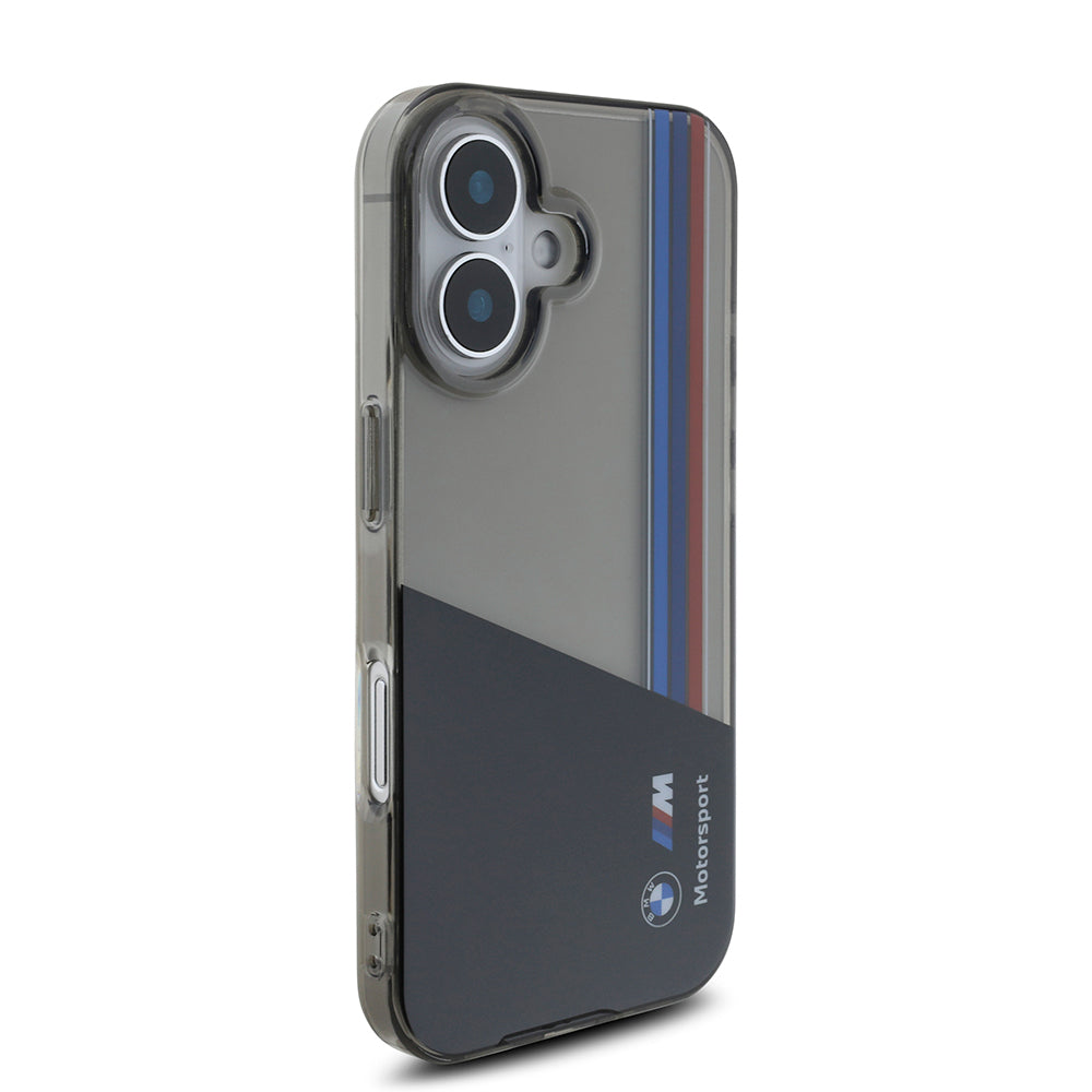 BMW iPhone 16 Orjinal Lisanslı Yarı Transparan M Dizayn Çizgili Telefon Kılıfı