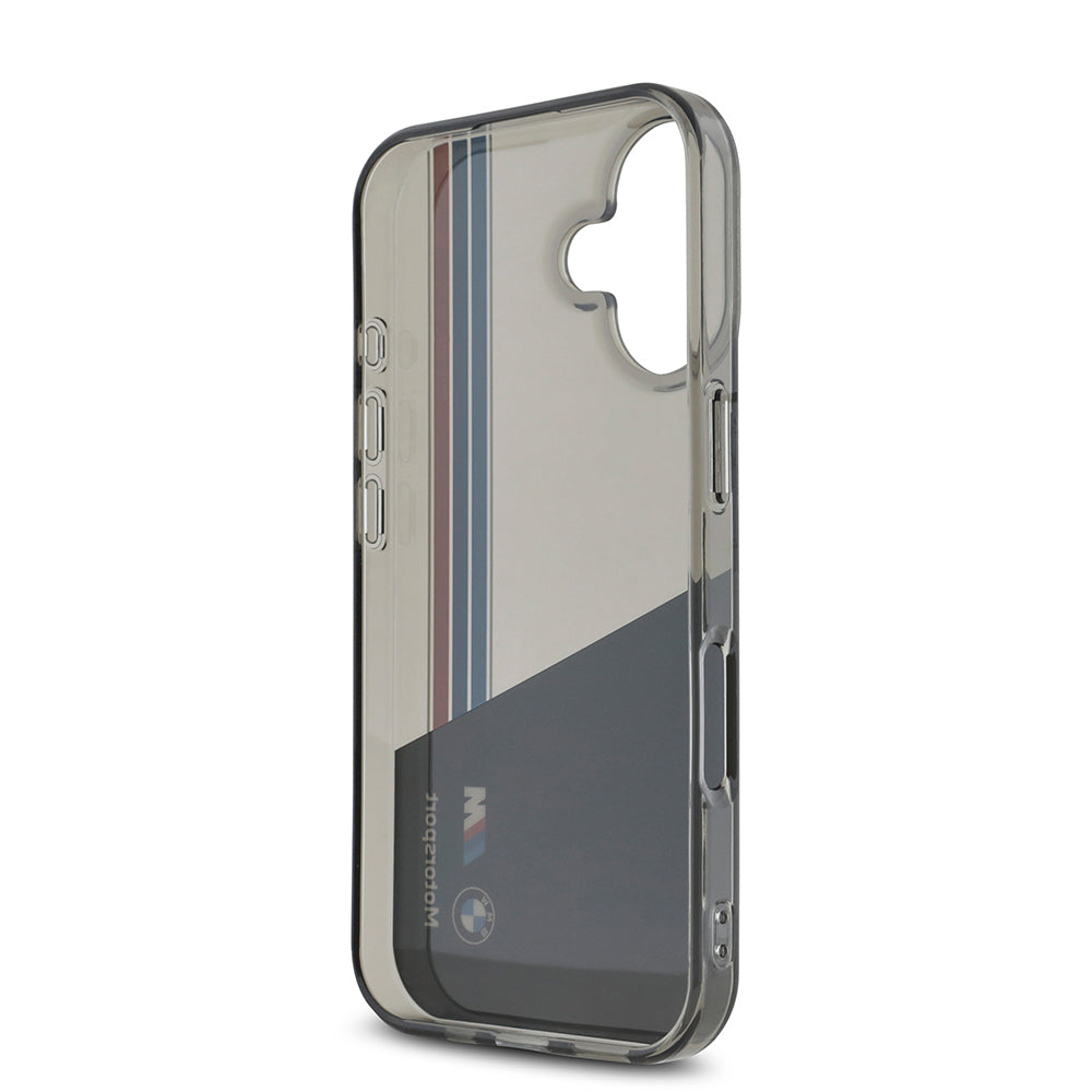 BMW iPhone 16 Orjinal Lisanslı Yarı Transparan M Dizayn Çizgili Telefon Kılıfı
