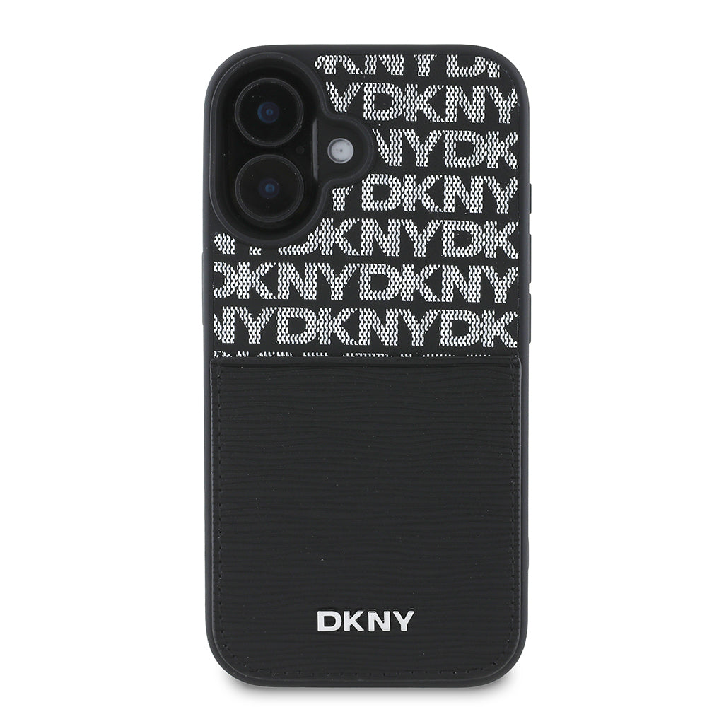 DKNY iPhone 16 Orjinal Lisanslı Kartlıklı 3D Yazılı Repeat Texture Pattern Kılıf