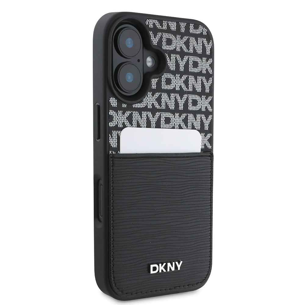 DKNY iPhone 16 Orjinal Lisanslı Kartlıklı 3D Yazılı Repeat Texture Pattern Kılıf