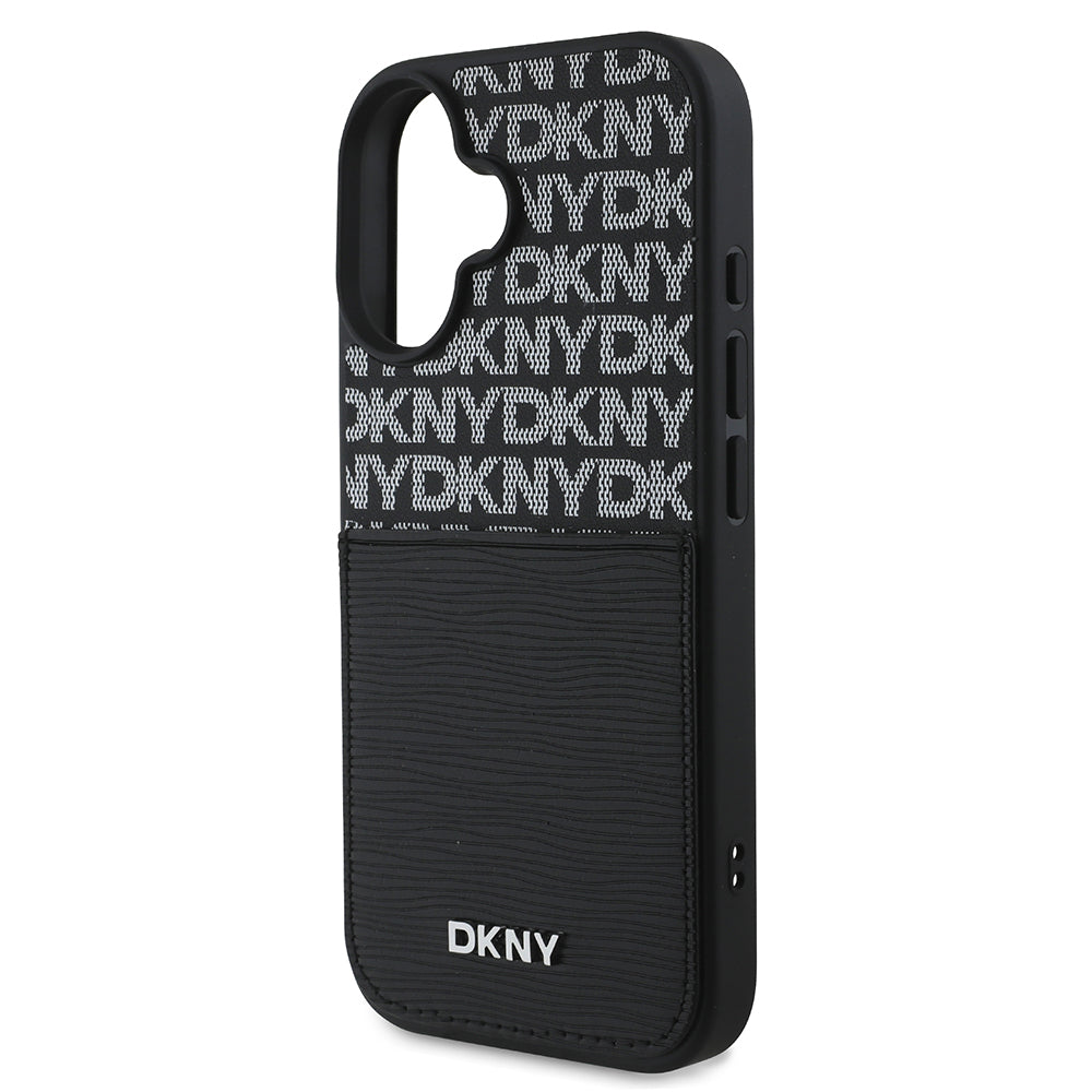 DKNY iPhone 16 Orjinal Lisanslı Kartlıklı 3D Yazılı Repeat Texture Pattern Kılıf