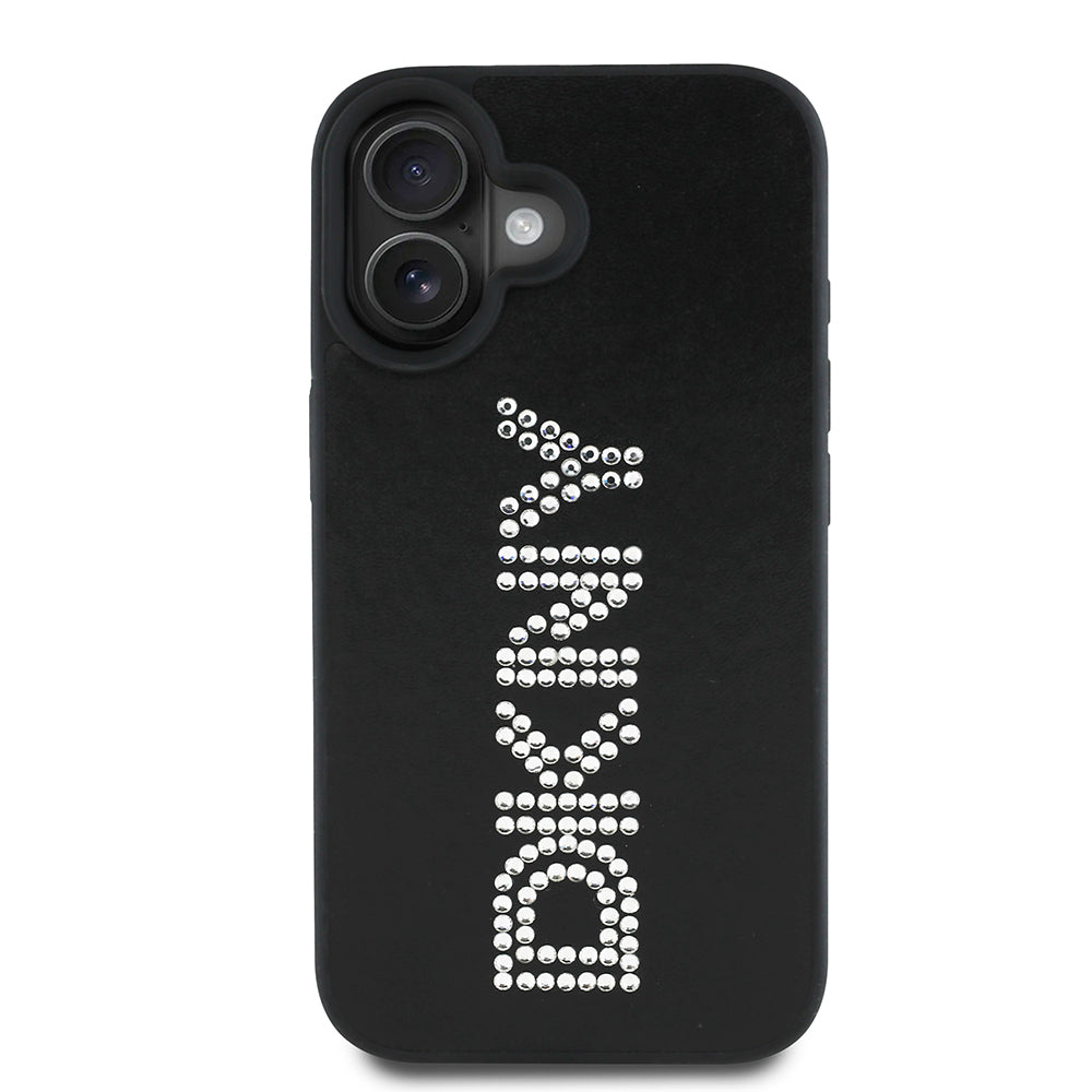 DKNY iPhone 16 Orjinal Lisanslı Taşlı DKNY Yazılı Metalik Rhinestones PU Deri Kılıf