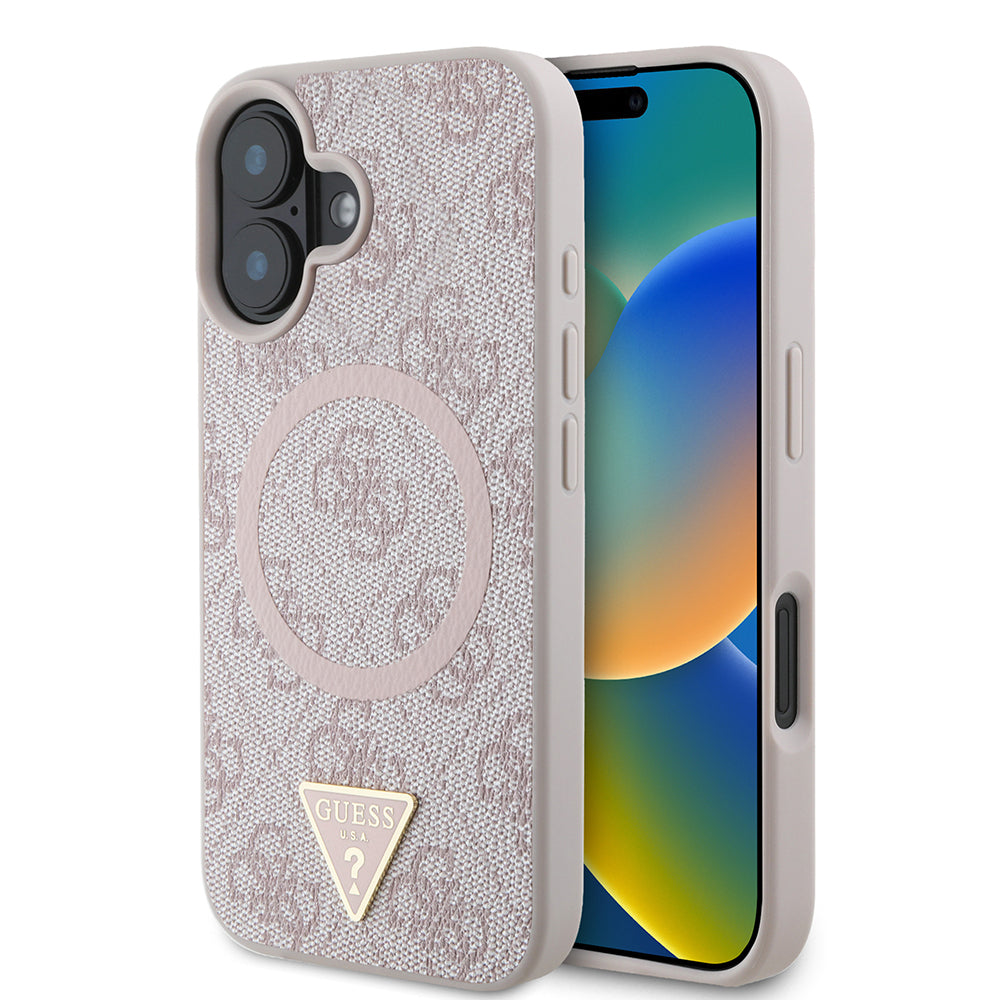 Guess iPhone 16 Orjinal Lisanslı Magsafe Şarj Özellikli PU Üçgen Logo 4G Desenli Telefon Kılıfı-8