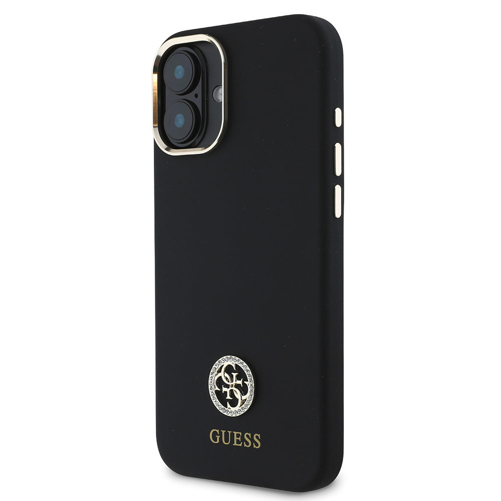 Guess iPhone 16 Orjinal Lisanslı Yazı ve Taşlı 4G Logolu Metal Kamera Çerçeveli Silikon Telefon Kılıfı-2