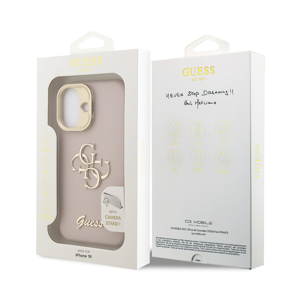 Guess iPhone 16 Orjinal Lisanslı Grained Yazı Logolu Kamera Standlı Kılıf