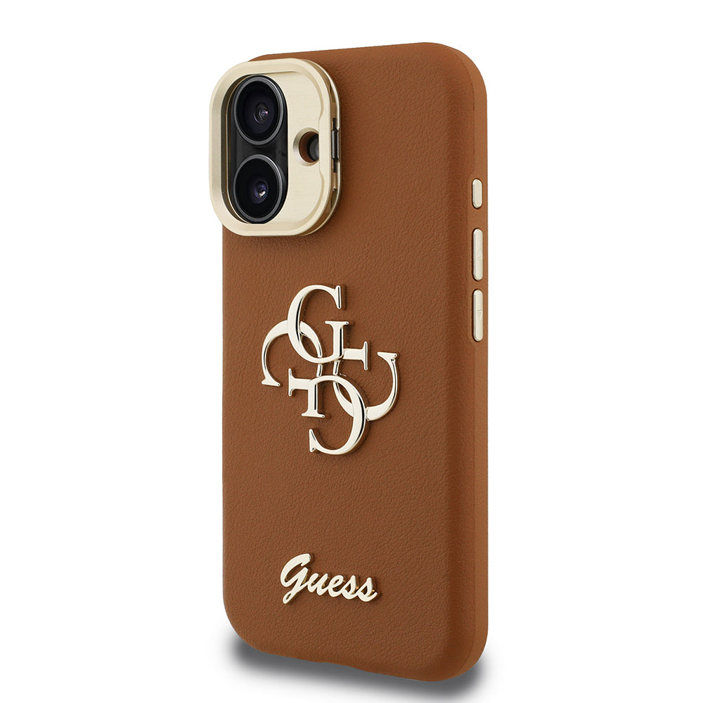 Guess iPhone 16 Orjinal Lisanslı Grained Yazı Logolu Kamera Standlı Kılıf
