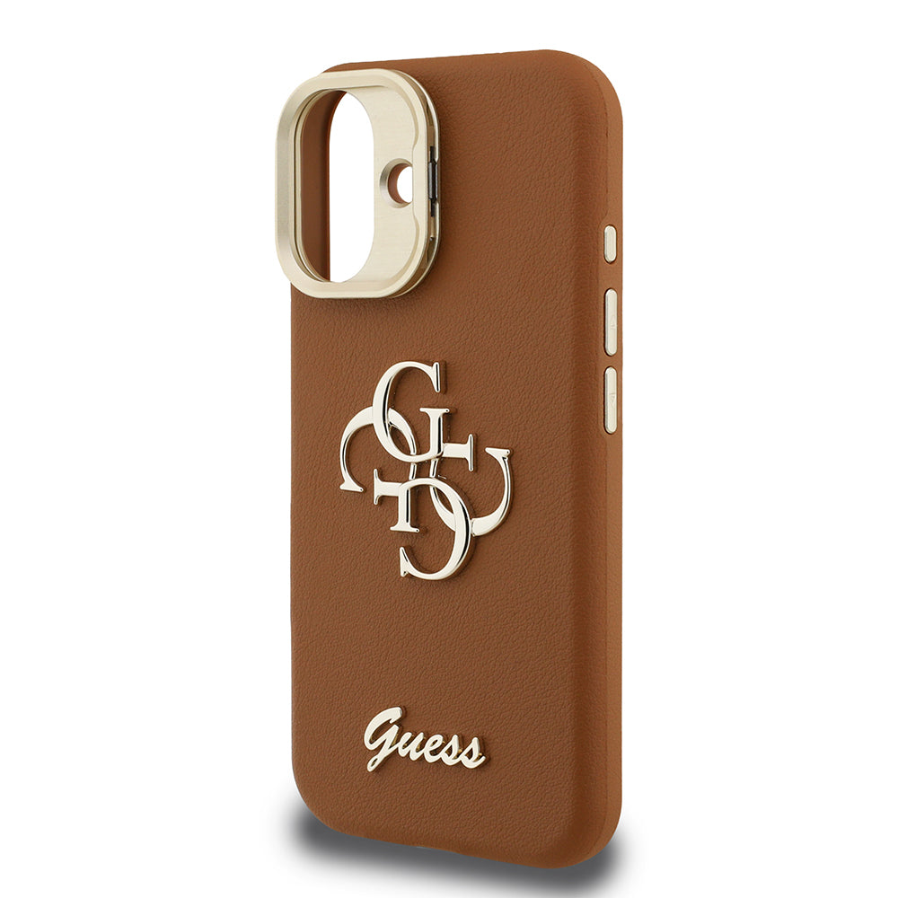 Guess iPhone 16 Orjinal Lisanslı Grained Yazı Logolu Kamera Standlı Kılıf