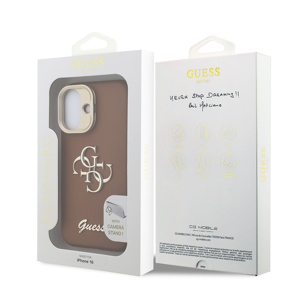 Guess iPhone 16 Orjinal Lisanslı Grained Yazı Logolu Kamera Standlı Kılıf