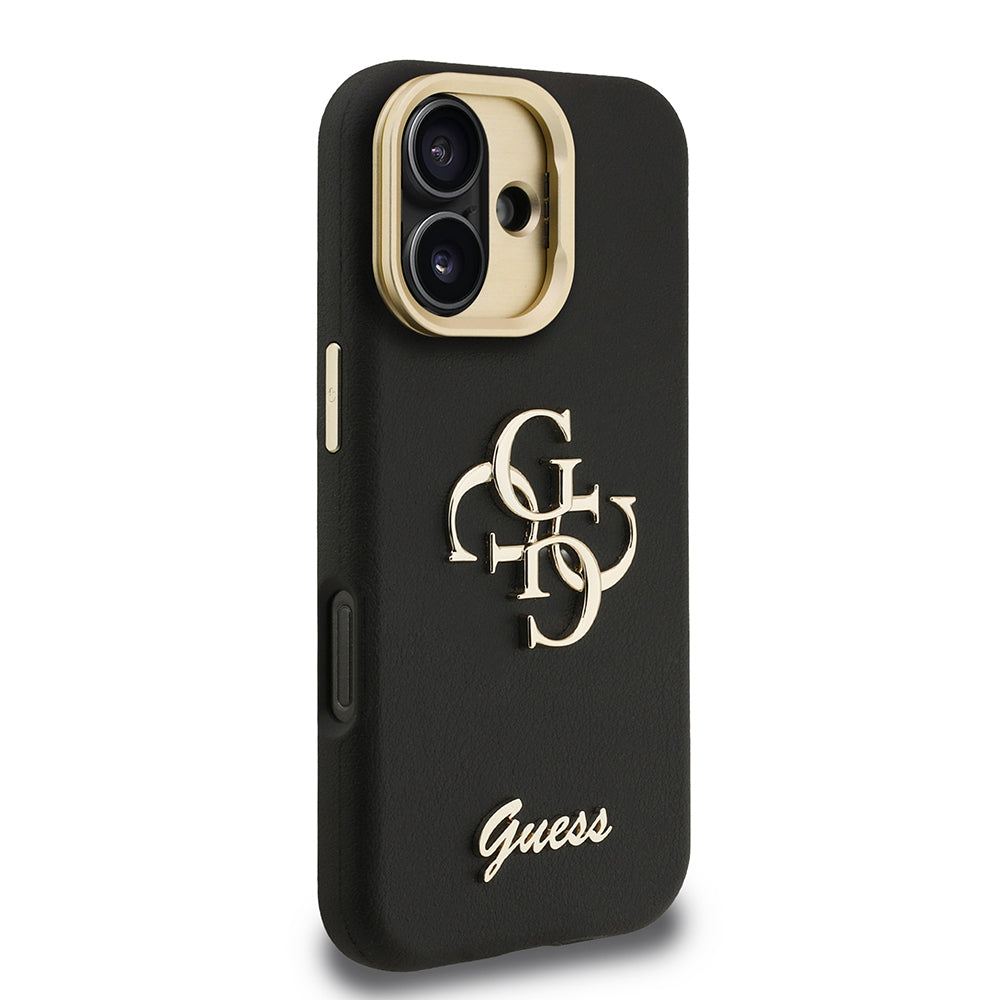 Guess iPhone 16 Orjinal Lisanslı Grained Yazı Logolu Kamera Standlı Kılıf