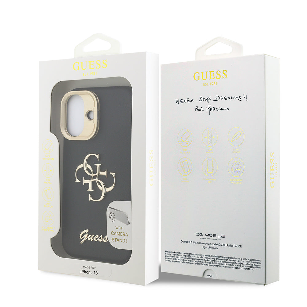 Guess iPhone 16 Orjinal Lisanslı Grained Yazı Logolu Kamera Standlı Kılıf