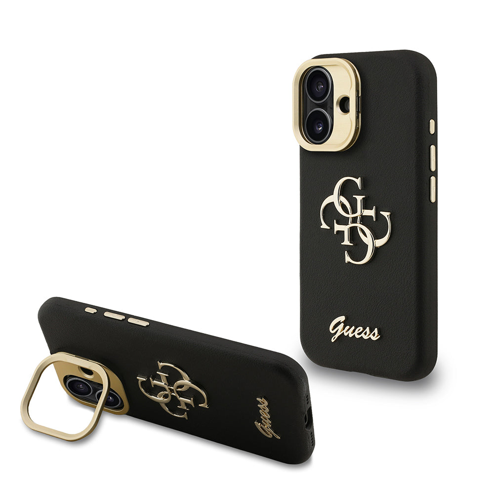 Guess iPhone 16 Orjinal Lisanslı Grained Yazı Logolu Kamera Standlı Kılıf