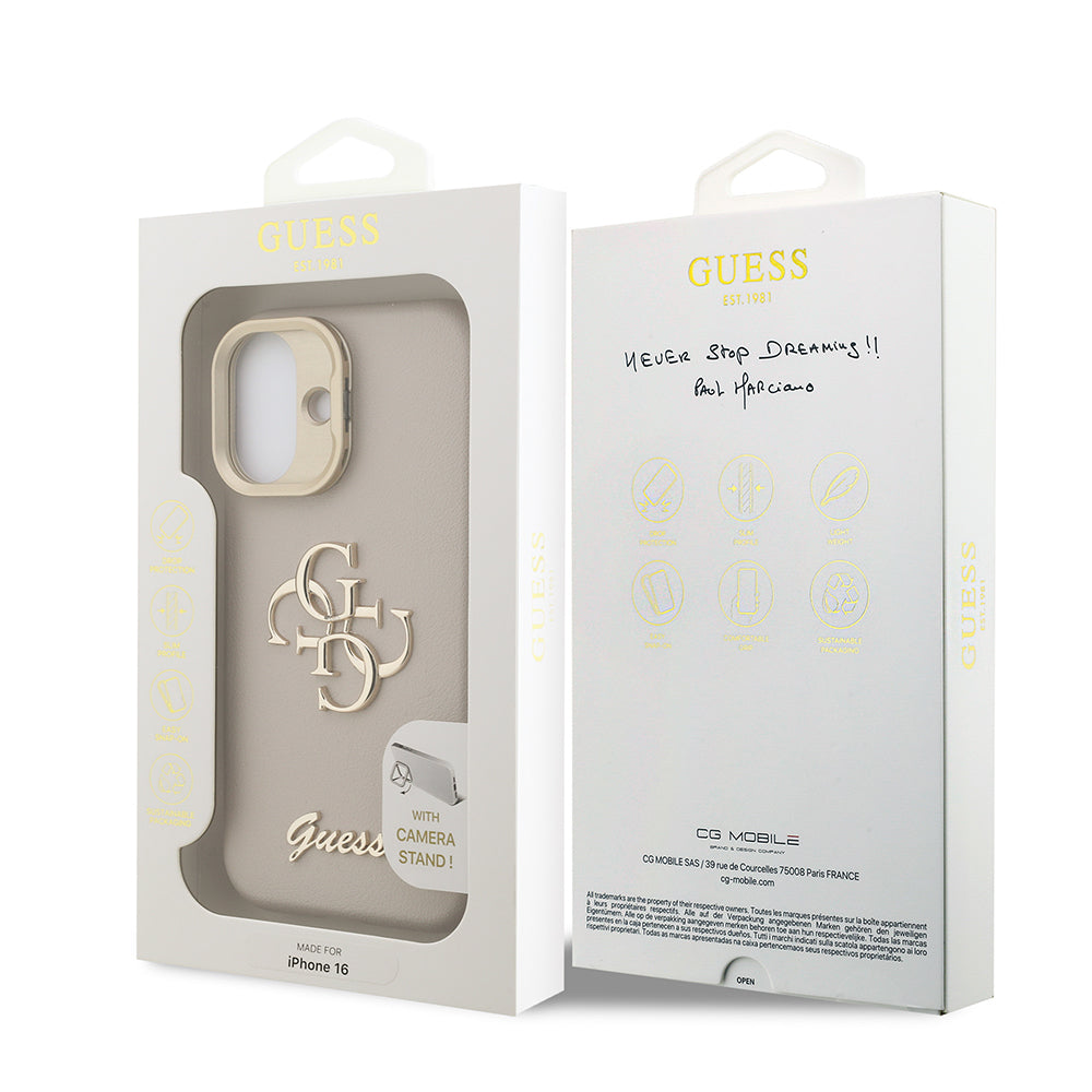 Guess iPhone 16 Orjinal Lisanslı Grained Yazı Logolu Kamera Standlı Kılıf