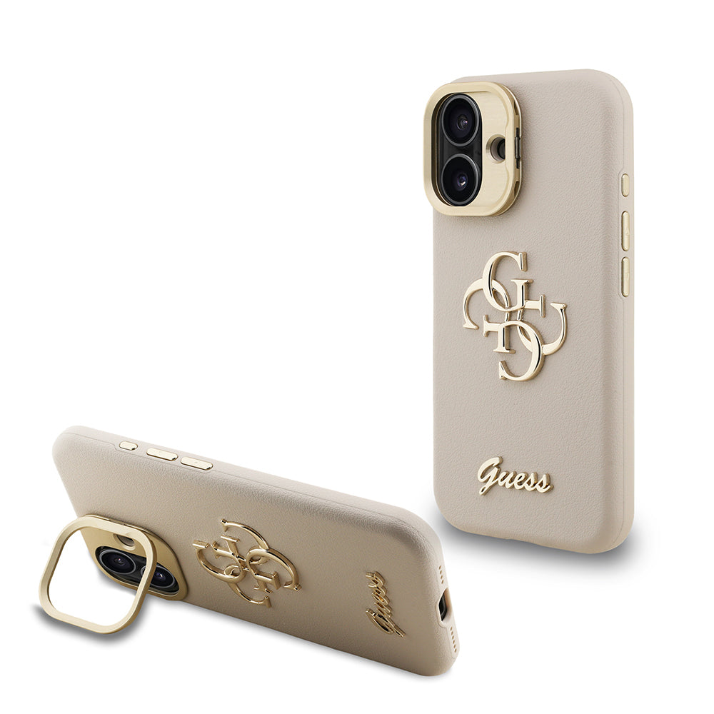 Guess iPhone 16 Orjinal Lisanslı Grained Yazı Logolu Kamera Standlı Kılıf