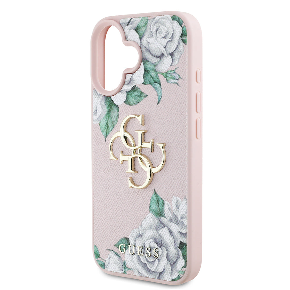 iPhone 16 Kılıf Guess Orjinal Lisanslı Gül Baskılı Büyük Metal Logo Dizaynlı Kılıf