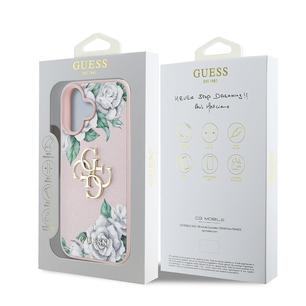iPhone 16 Kılıf Guess Orjinal Lisanslı Gül Baskılı Büyük Metal Logo Dizaynlı Kılıf