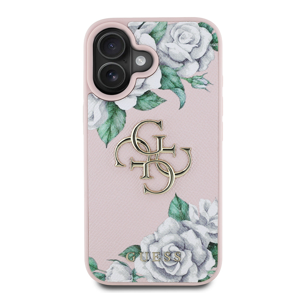 iPhone 16 Kılıf Guess Orjinal Lisanslı Gül Baskılı Büyük Metal Logo Dizaynlı Kılıf