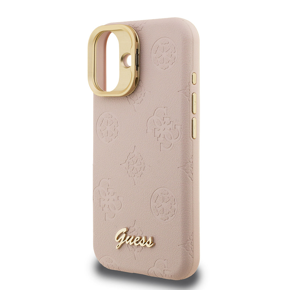 Guess iPhone 16 Orjinal Lisanslı Magsafe Sıcak Baskılı Yazı Logolu Kamera Standlı PU Deri Peony Telefon Kılıfı