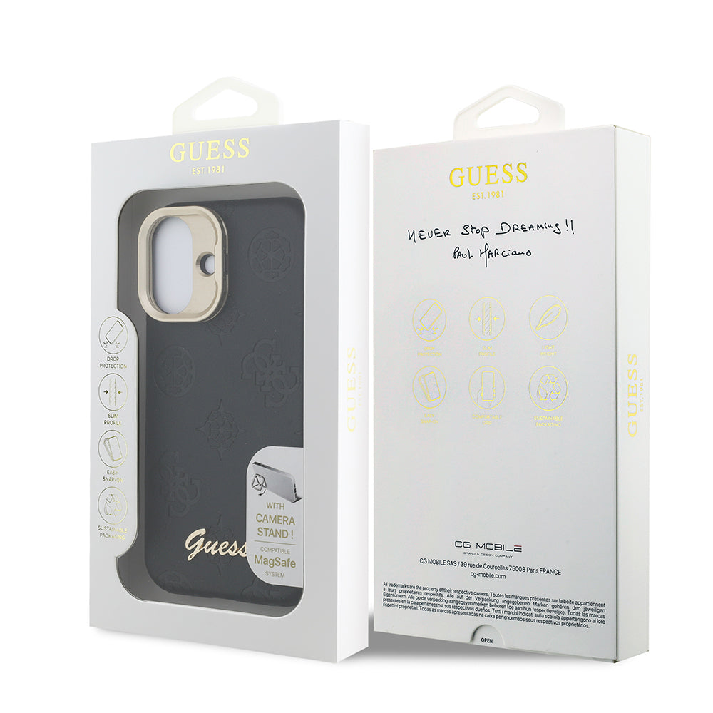 Guess iPhone 16 Orjinal Lisanslı Magsafe Sıcak Baskılı Yazı Logolu Kamera Standlı PU Deri Peony Telefon Kılıfı