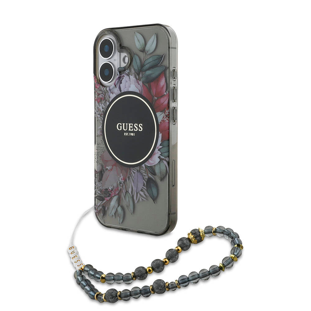 Guess iPhone 16 Orjinal Lisanslı Magsafe Şarj Özellikli IML Baskılı Çiçek İnci Bileklikli Telefon Kılıfı - 9