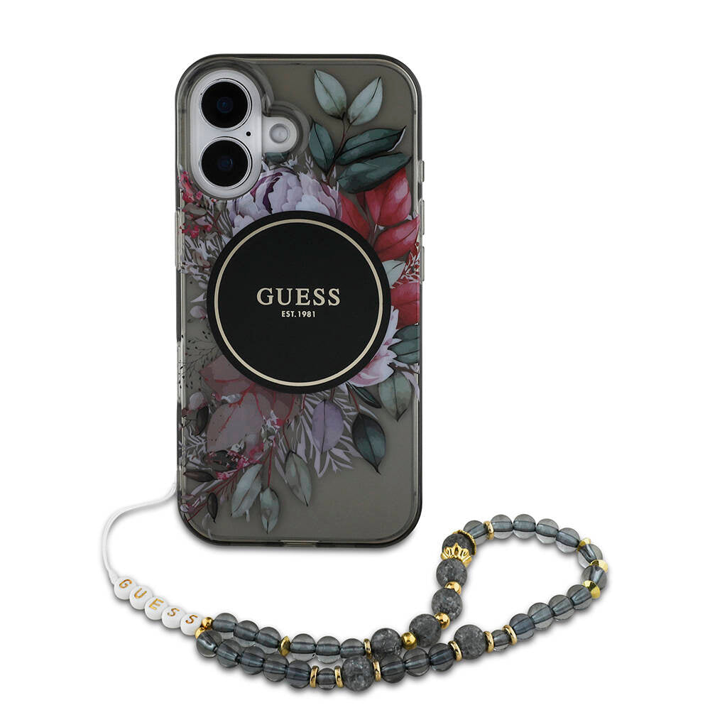 Guess iPhone 16 Orjinal Lisanslı Magsafe Şarj Özellikli IML Baskılı Çiçek İnci Bileklikli Telefon Kılıfı - 10