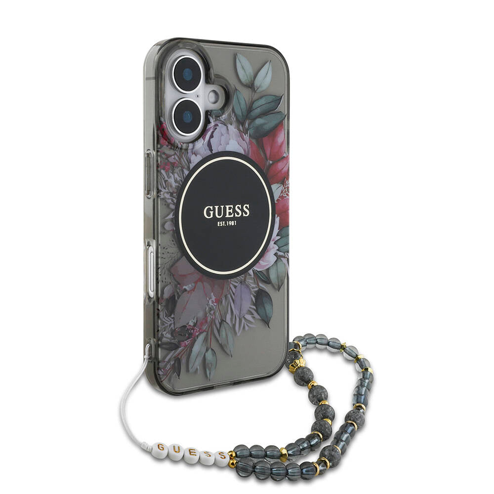 Guess iPhone 16 Orjinal Lisanslı Magsafe Şarj Özellikli IML Baskılı Çiçek İnci Bileklikli Telefon Kılıfı - 11