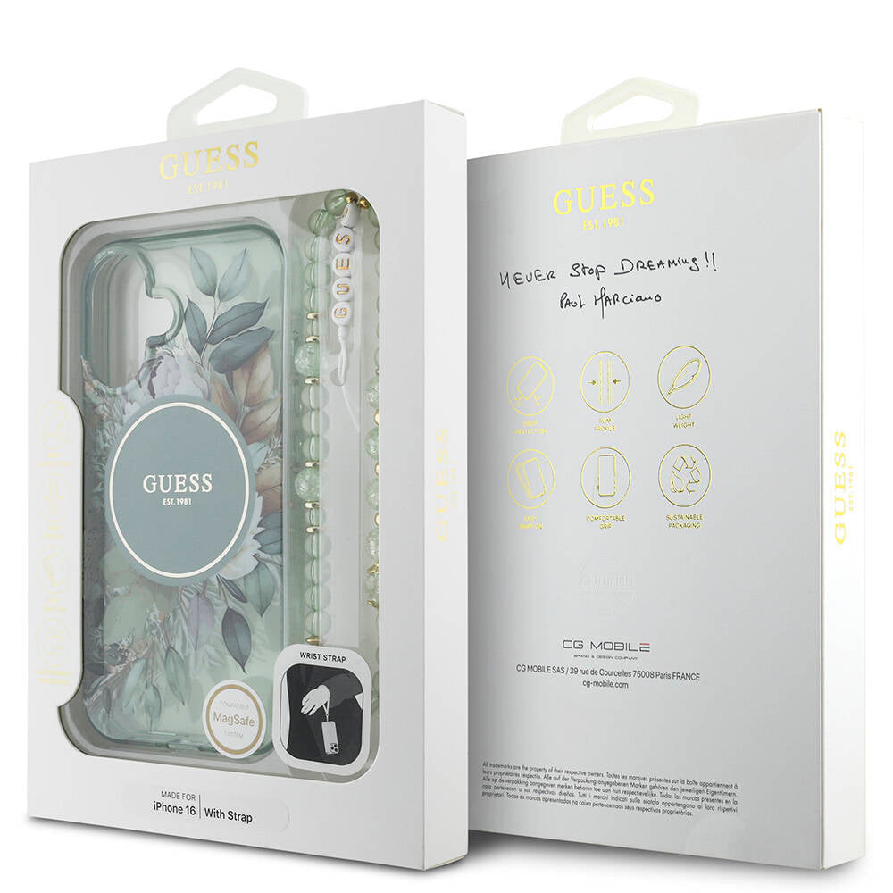 Guess iPhone 16 Orjinal Lisanslı Magsafe Şarj Özellikli IML Baskılı Çiçek İnci Bileklikli Telefon Kılıfı - 8
