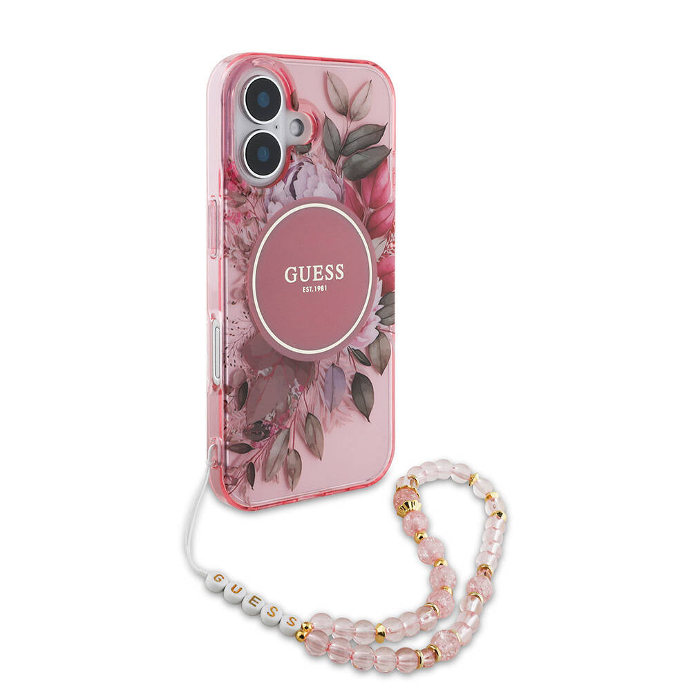 Guess iPhone 16 Orjinal Lisanslı Magsafe Şarj Özellikli IML Baskılı Çiçek İnci Bileklikli Telefon Kılıfı - 13