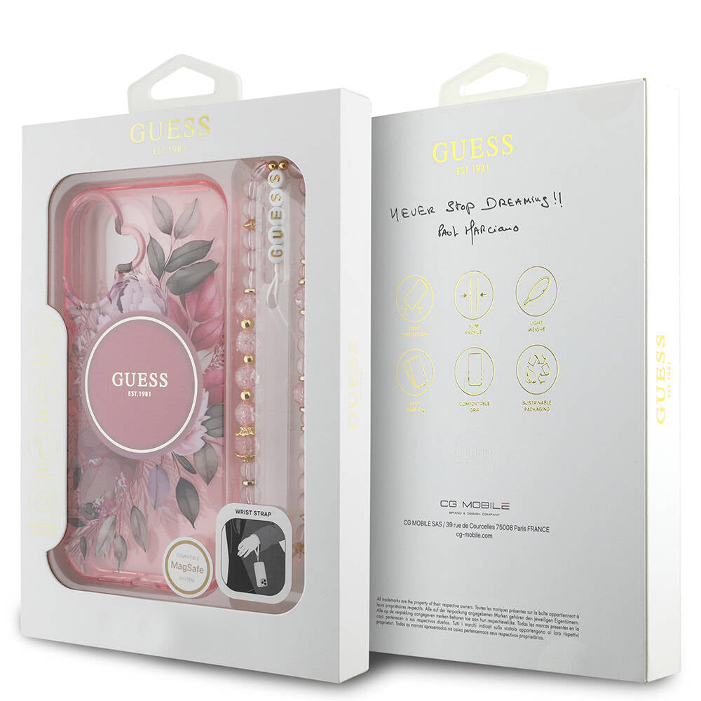 Guess iPhone 16 Orjinal Lisanslı Magsafe Şarj Özellikli IML Baskılı Çiçek İnci Bileklikli Telefon Kılıfı - 16