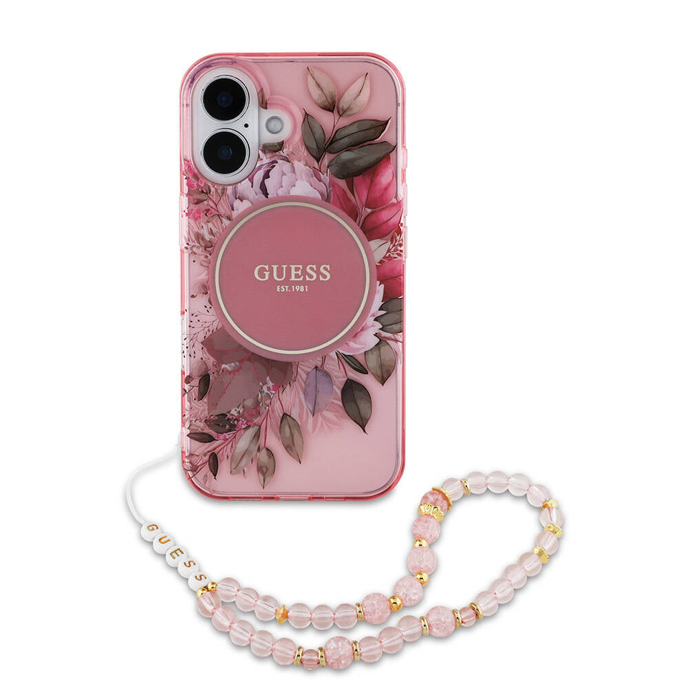 Guess iPhone 16 Orjinal Lisanslı Magsafe Şarj Özellikli IML Baskılı Çiçek İnci Bileklikli Telefon Kılıfı - 12