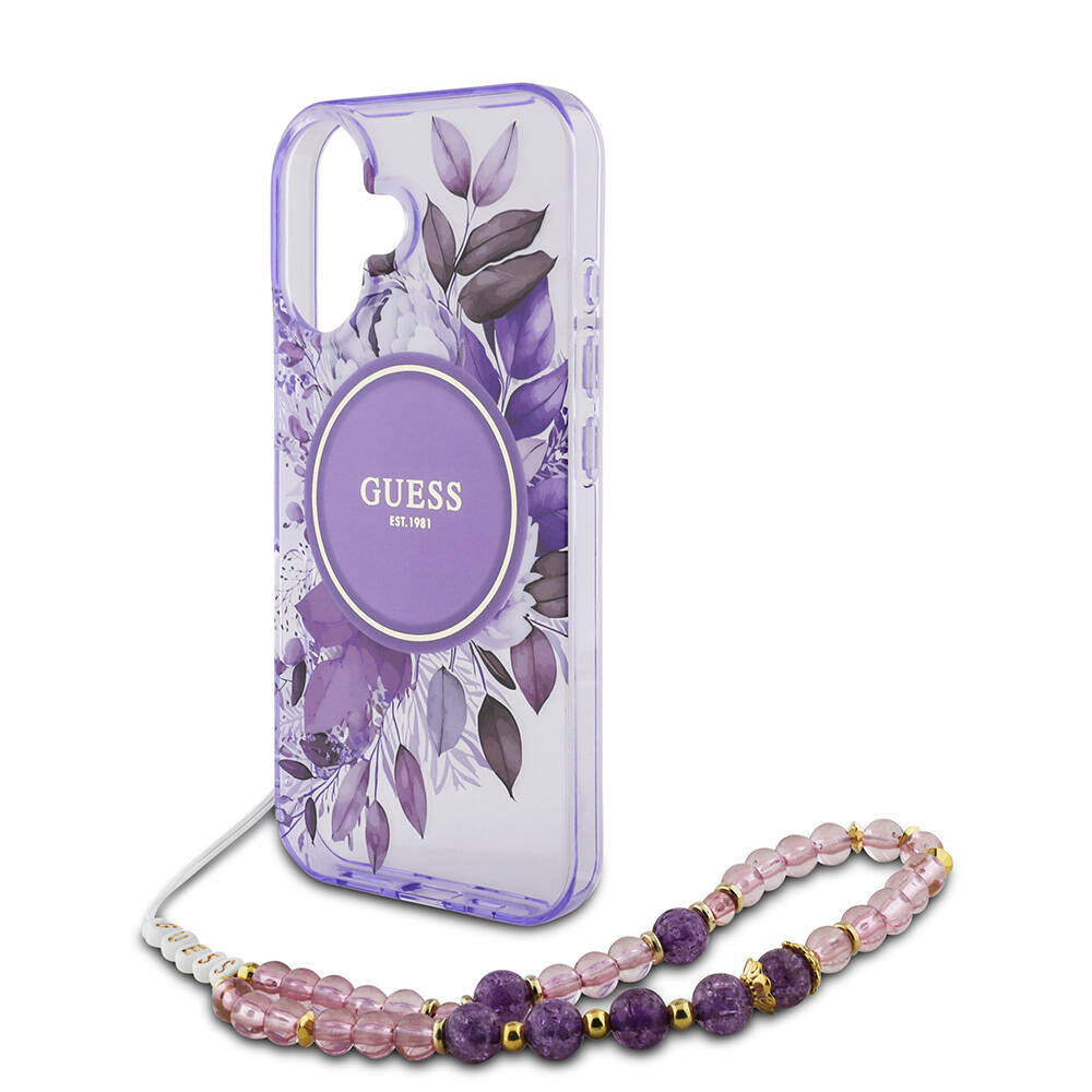 Guess iPhone 16 Orjinal Lisanslı Magsafe Şarj Özellikli IML Baskılı Çiçek İnci Bileklikli Telefon Kılıfı - 19